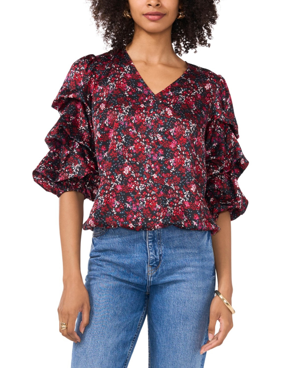 Vince Camuto Women Printed Satin Blouse Deep Sangria Size M